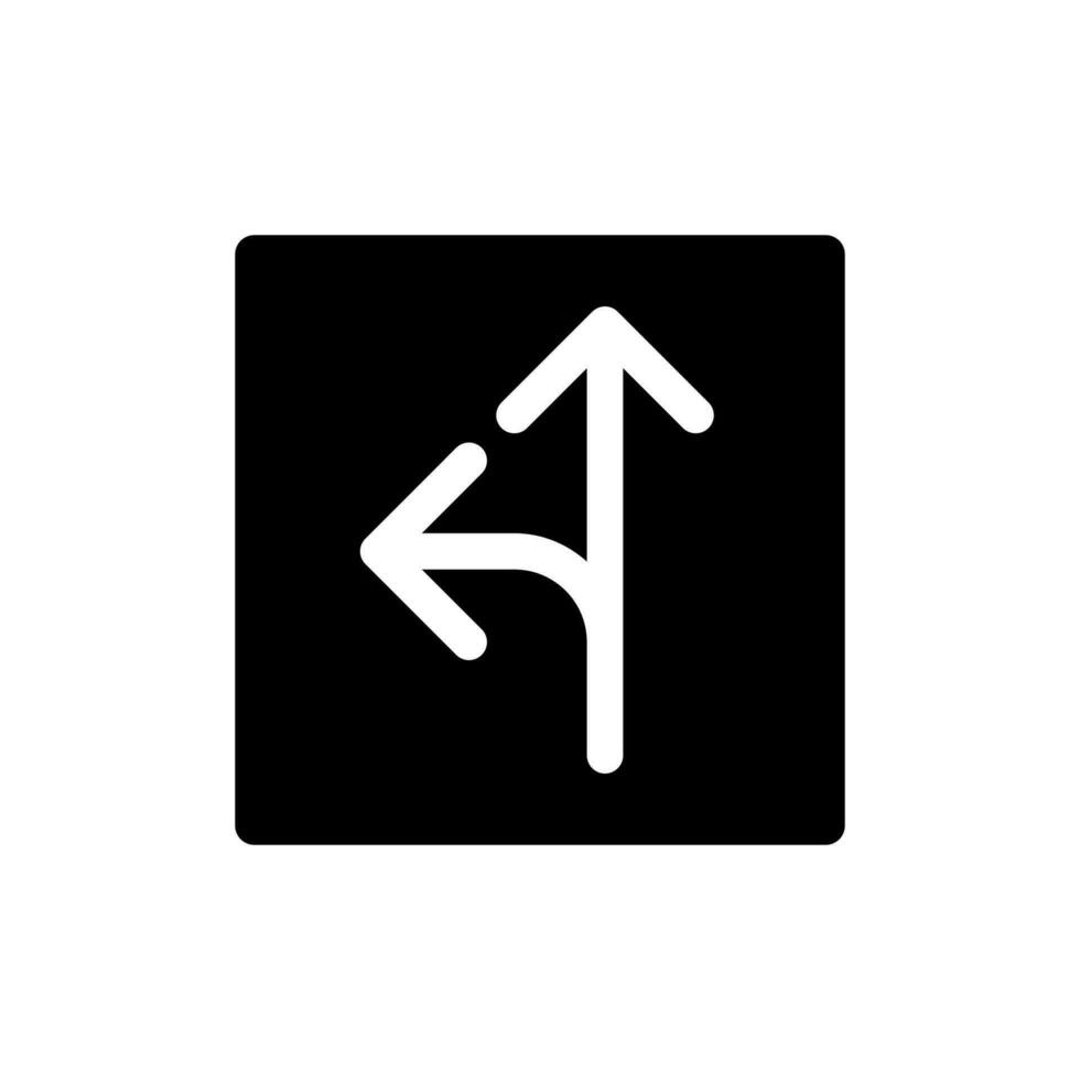 Straight and turn left traffic sign black glyph ui icon. Reach destination. User interface design. Silhouette symbol on white space. Solid pictogram for web, mobile. Isolated vector illustration