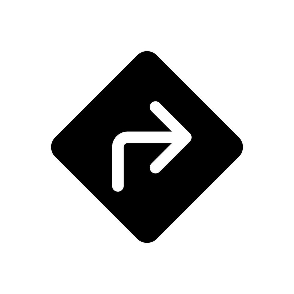 la carretera firmar con torneado Derecha dirección negro glifo ui icono. tráfico control. GPS. usuario interfaz diseño. silueta símbolo en blanco espacio. sólido pictograma para web, móvil. aislado vector ilustración