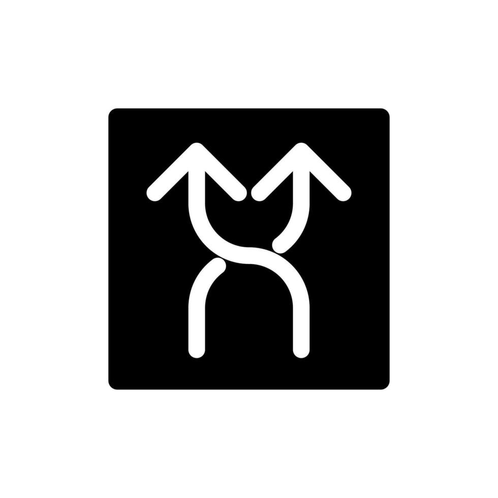 Highway intersection ahead arrows black glyph ui icon. Destination. Road sign. User interface design. Silhouette symbol on white space. Solid pictogram for web, mobile. Isolated vector illustration