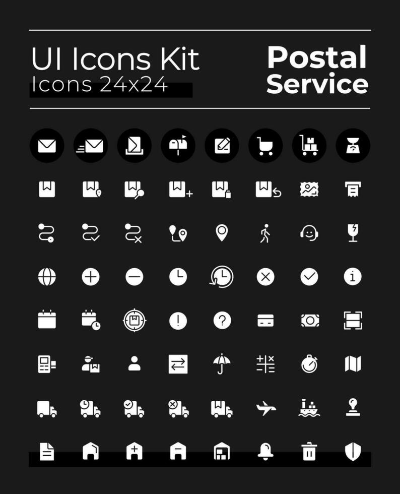 Postal service white glyph ui icons set for dark mode. Silhouette symbols on black background. Solid pictograms for web, mobile. Vector isolated illustrations