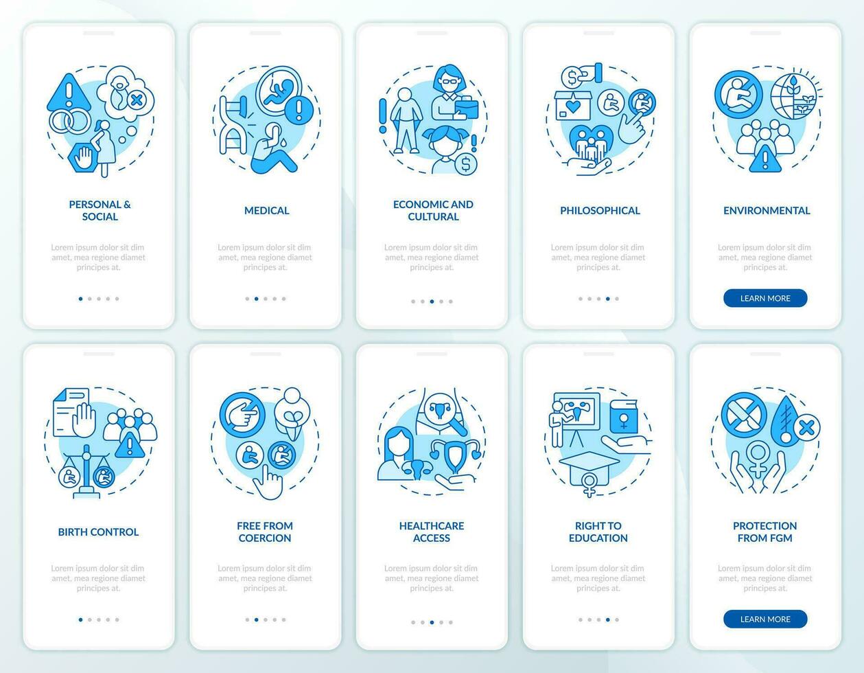 Reproductive choice blue onboarding mobile app screen set. Pro choice walkthrough 5 steps editable graphic instructions with linear concepts. UI, UX, GUI template vector