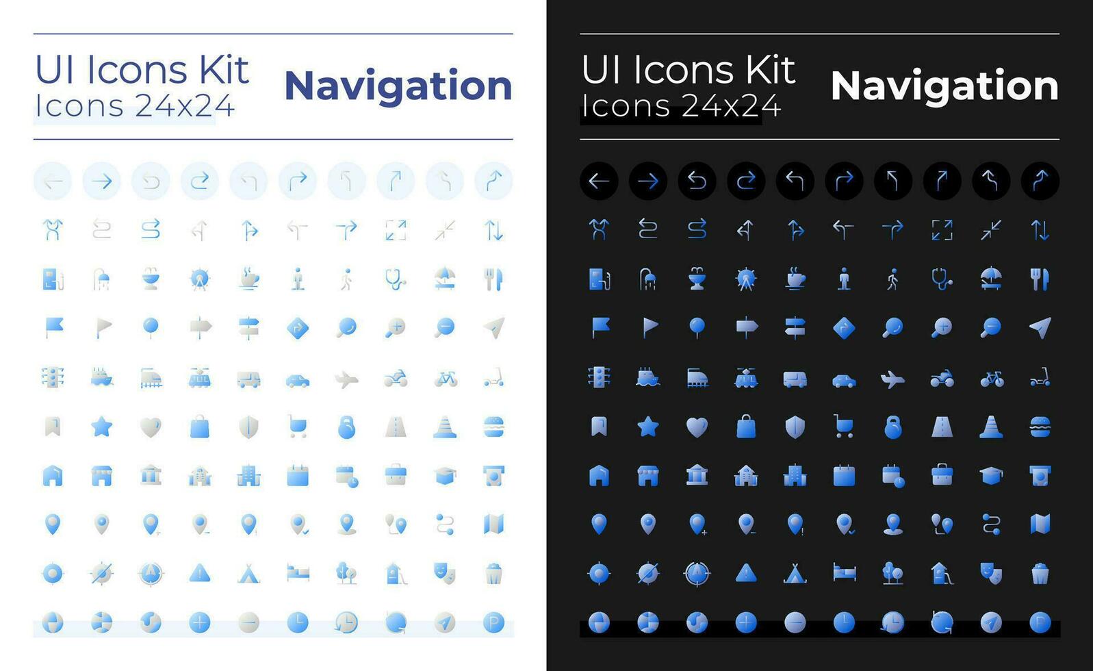 GPS and navigation flat gradient two-color ui icons set for dark, light mode. Pin location. Vector isolated RGB pictograms. GUI, UX design for web, mobile