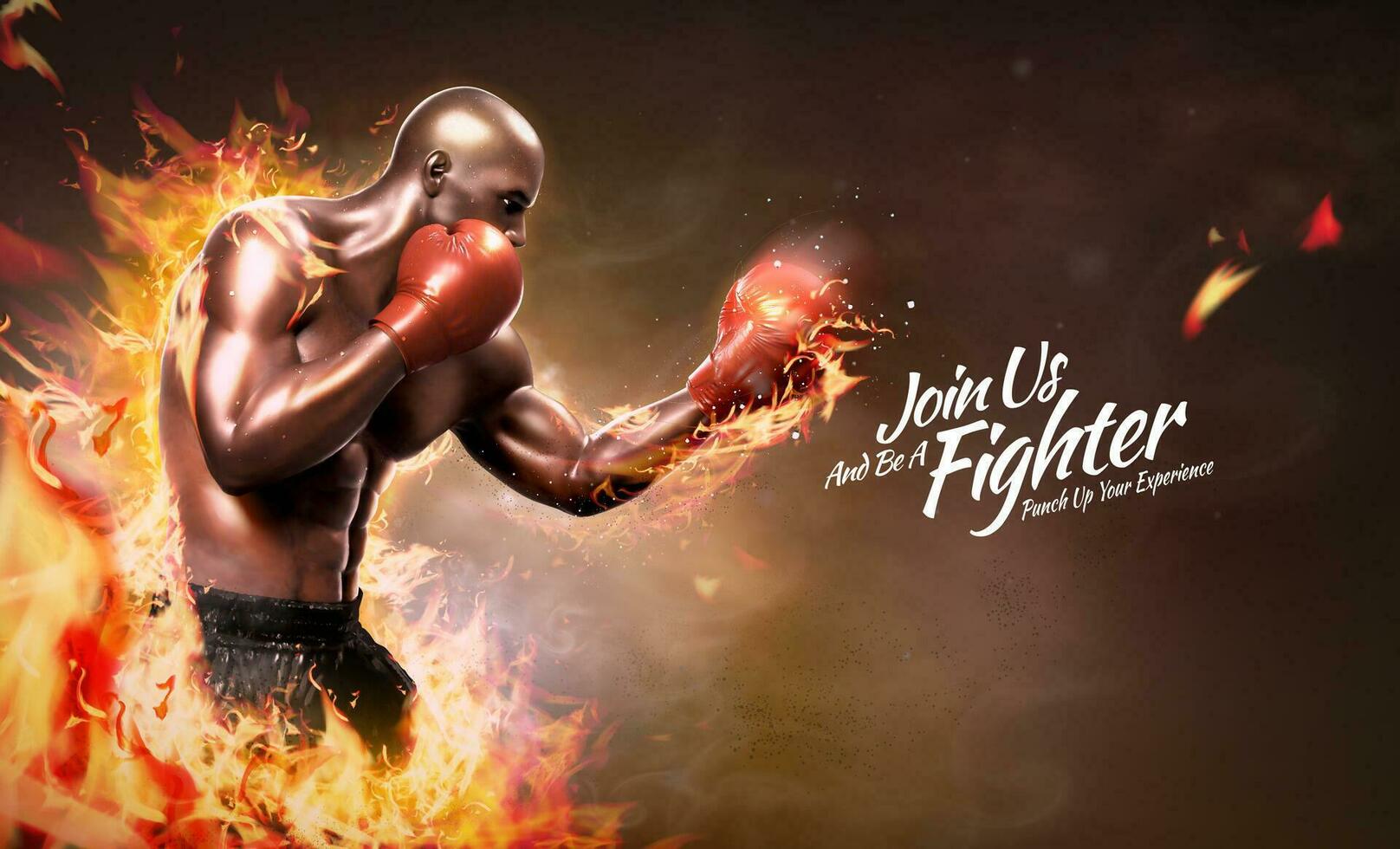 Strong boxer with flame effect in 3d illustration, boxing class poster vector