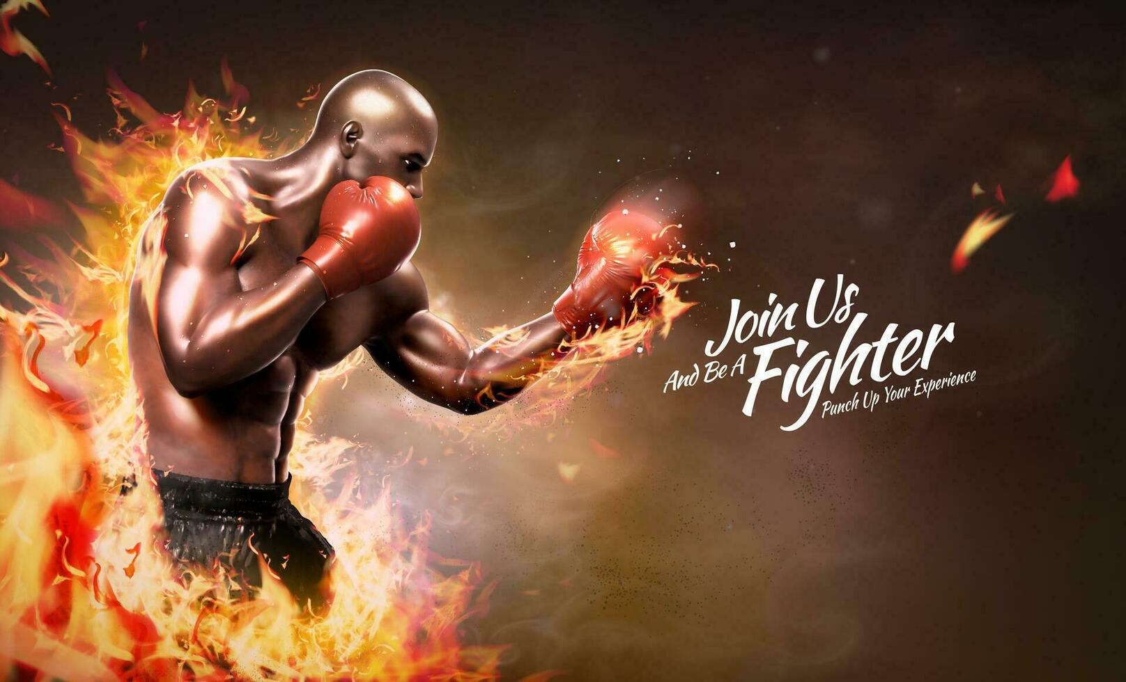 fuerte Boxer con fuego efecto en 3d ilustración, boxeo clase póster vector