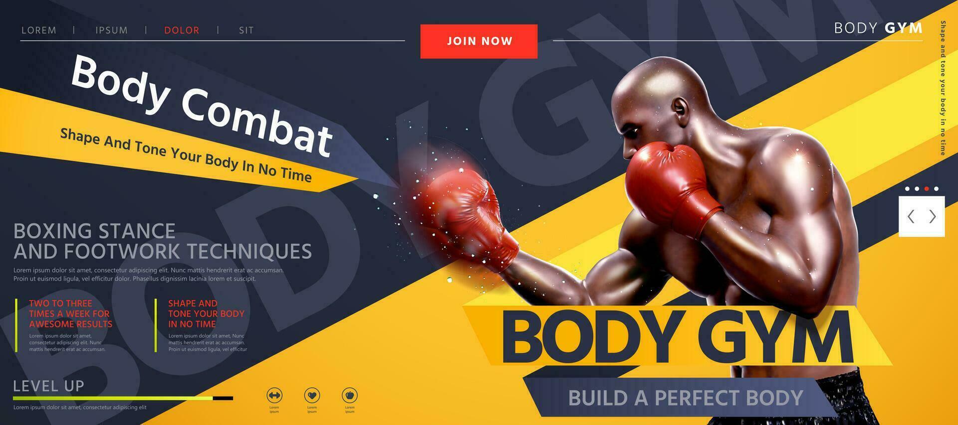 cuerpo combate sitio web diseño con fuerte Boxer lanzamiento gancho en 3d ilustración, gris y amarillo tono vector