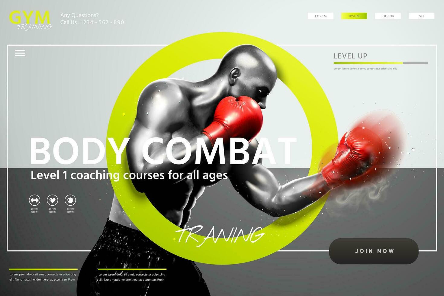 Boxing lessons website design with strong boxer throwing hook in 3d illustration, grey tone vector