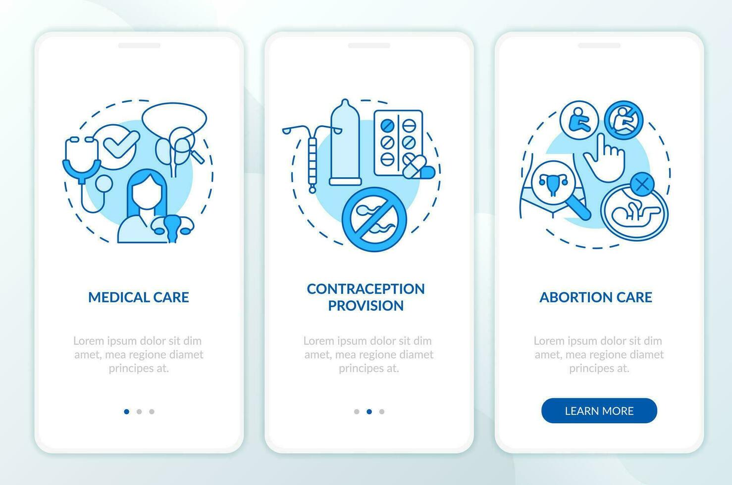 Womens sexual and reproductive health blue onboarding mobile app screen. Walkthrough 3 steps editable graphic instructions with linear concepts. UI, UX template vector
