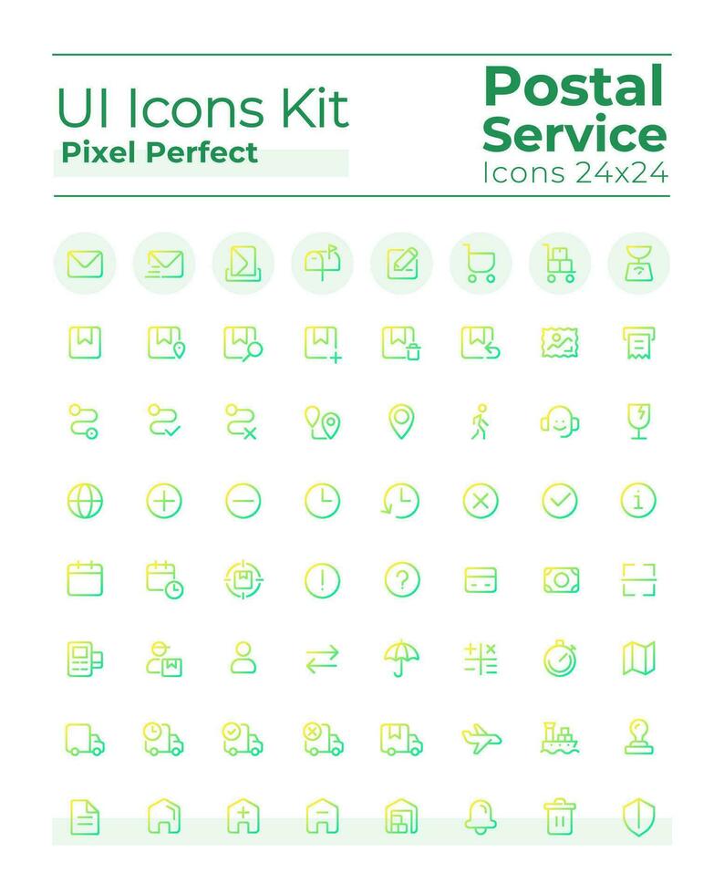 Postal service pixel perfect gradient linear ui icons set. Parcel delivery. Mailing. Line contour user interface symbols. Vector isolated outline illustrations