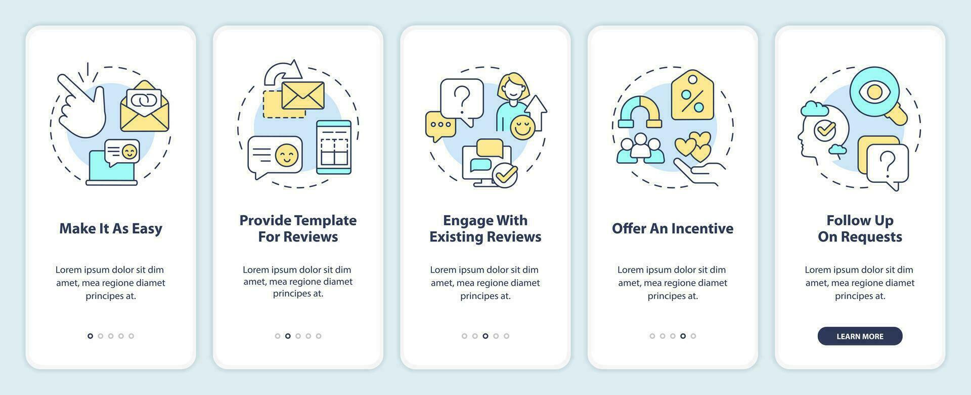 Encouraging clients to write reviews onboarding mobile app screen. Walkthrough 5 steps editable graphic instructions with linear concepts. UI, UX, GUI template vector