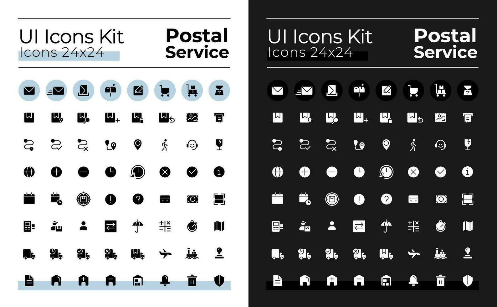 Mail service glyph ui icons set for dark, light mode. Delivery and post. Silhouette symbols for night, day themes. Solid pictograms. Vector isolated illustrations