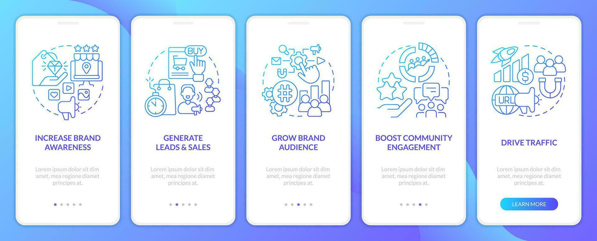 Social media advertising goals blue gradient onboarding mobile app screen. SMM walkthrough 5 steps graphic instructions with linear concepts. UI, UX, GUI template vector