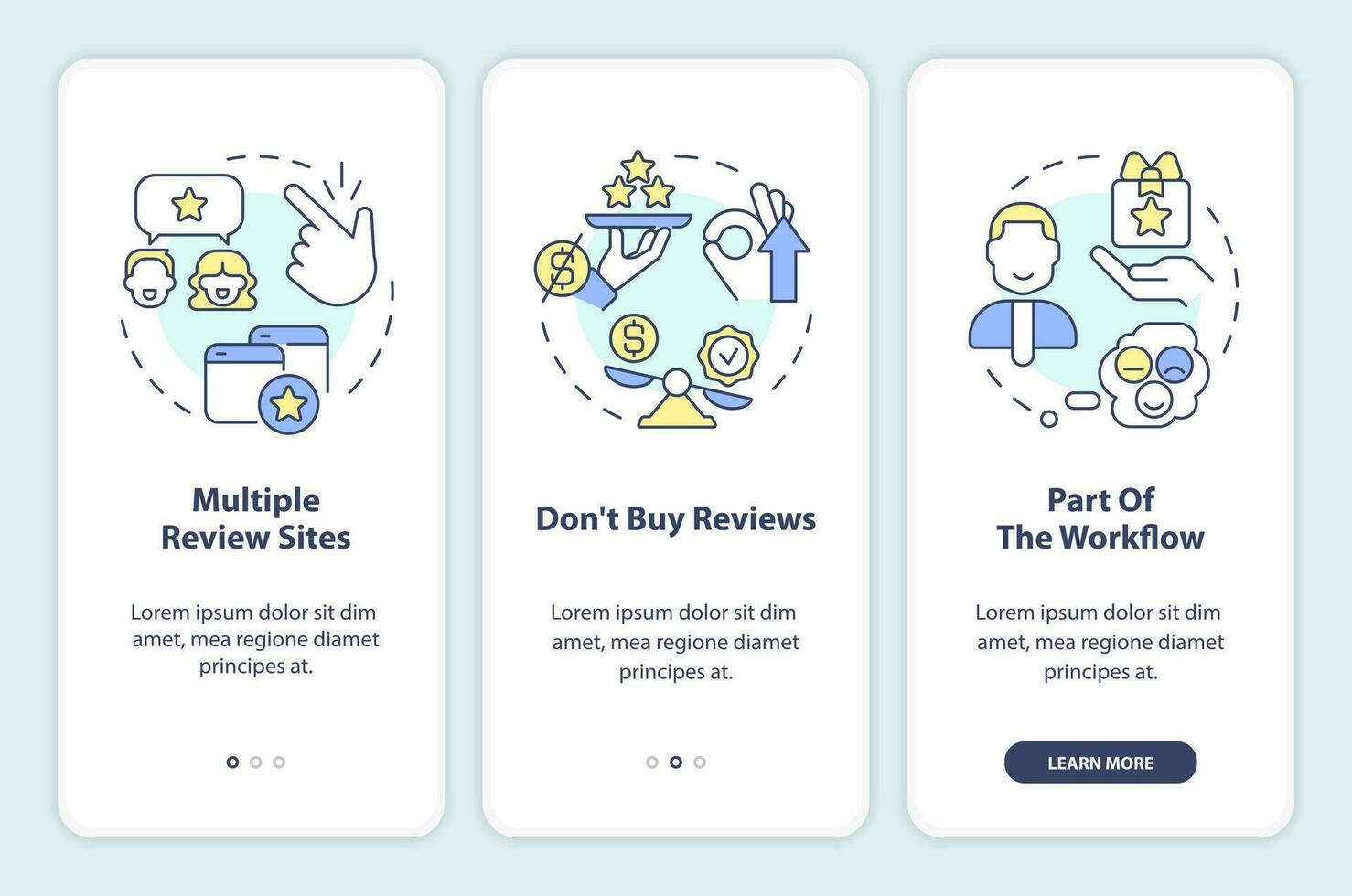 Online business reviews onboarding mobile app screen. Multiple sites walkthrough 3 steps editable graphic instructions with linear concepts. UI, UX, GUI template vector
