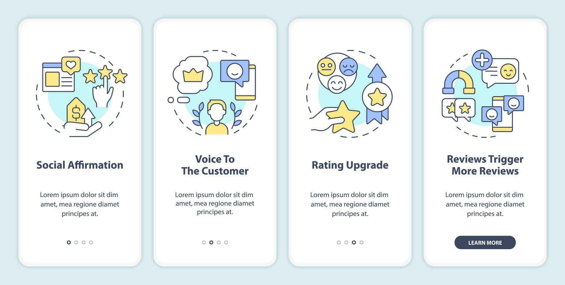 Customer reviews importance reasons onboarding mobile app screen. Walkthrough 4 steps editable graphic instructions with linear concepts. UI, UX, GUI template vector