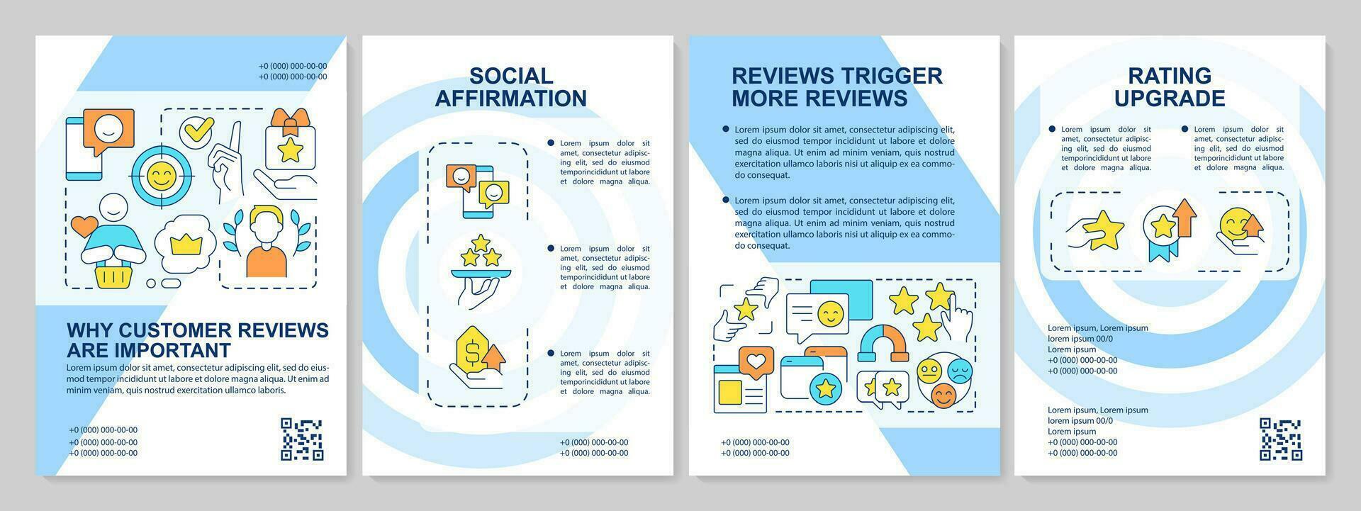 Customer review benefits blue brochure template. Social affirmation. Leaflet design with linear icons. Editable 4 vector layouts for presentation, annual reports