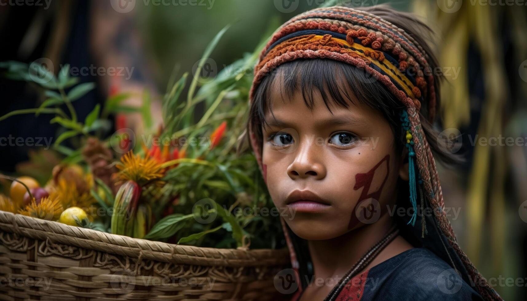 Smiling indigenous girl in traditional clothing outdoors generated by AI photo