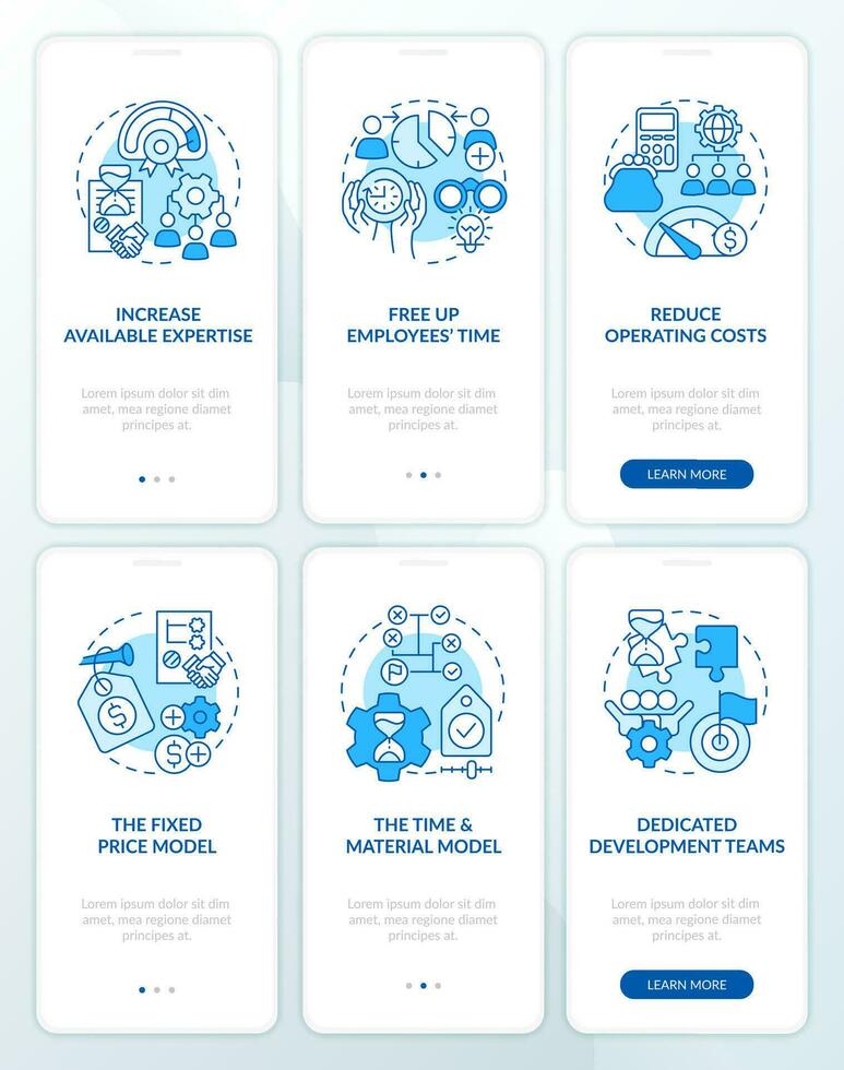 Outsourcing employees blue onboarding mobile app screen set. Walkthrough 3 steps editable graphic instructions with linear concepts. UI, UX, GUI template vector