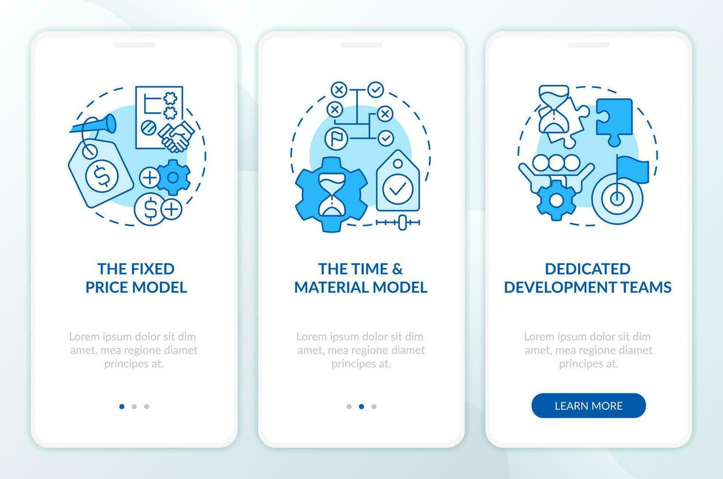Outsourcing contracts types blue onboarding mobile app screen. Walkthrough 3 steps editable graphic instructions with linear concepts. UI, UX, GUI template vector