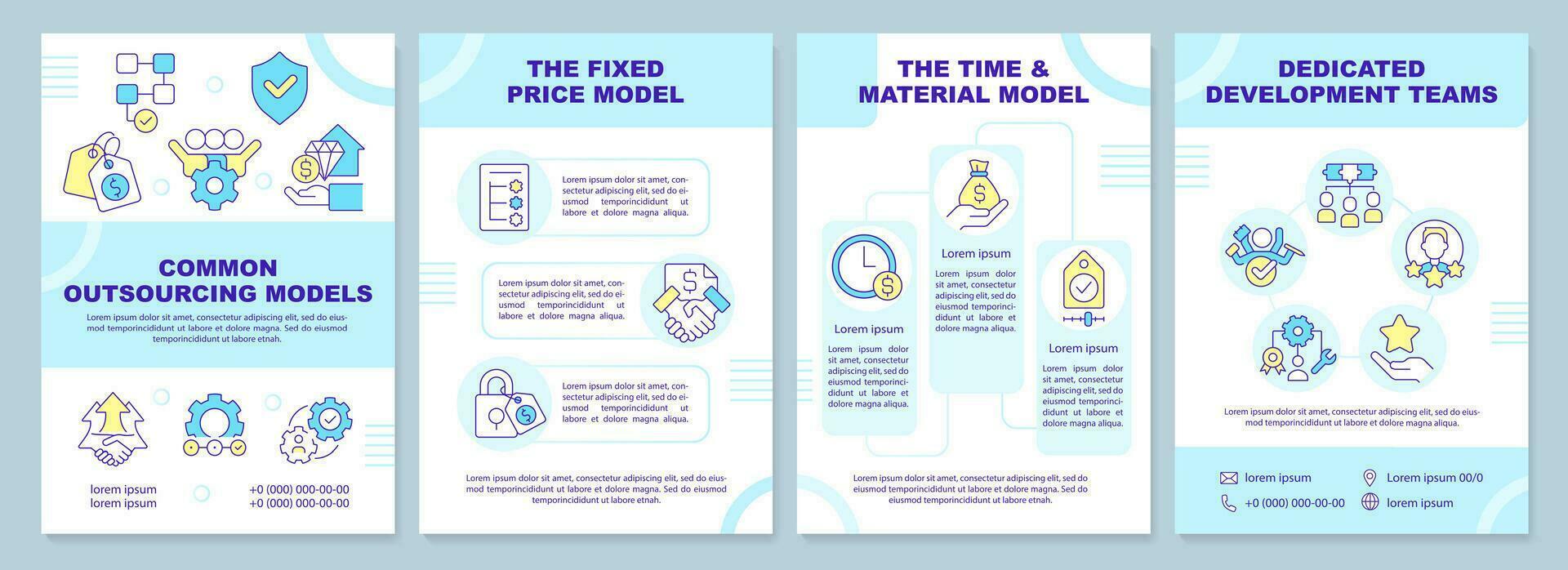 Common outsourcing models in IT blue brochure template. Leaflet design with linear icons. Editable 4 vector layouts for presentation, annual reports