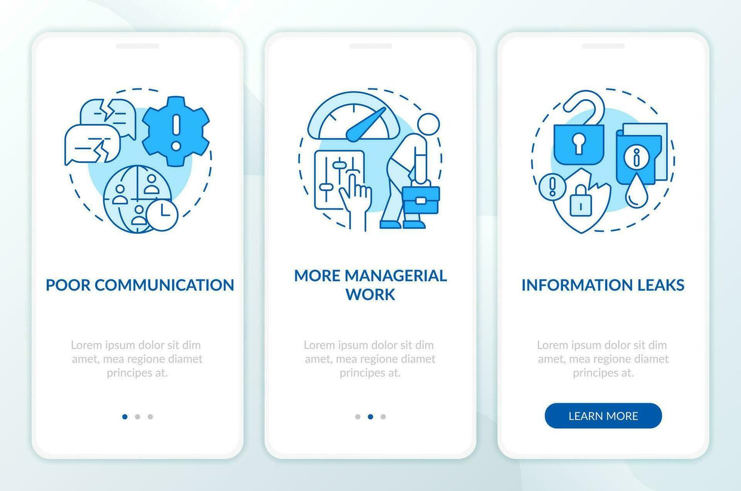 Outstaffing drawbacks blue onboarding mobile app screen. More work walkthrough 3 steps editable graphic instructions with linear concepts. UI, UX, GUI template vector