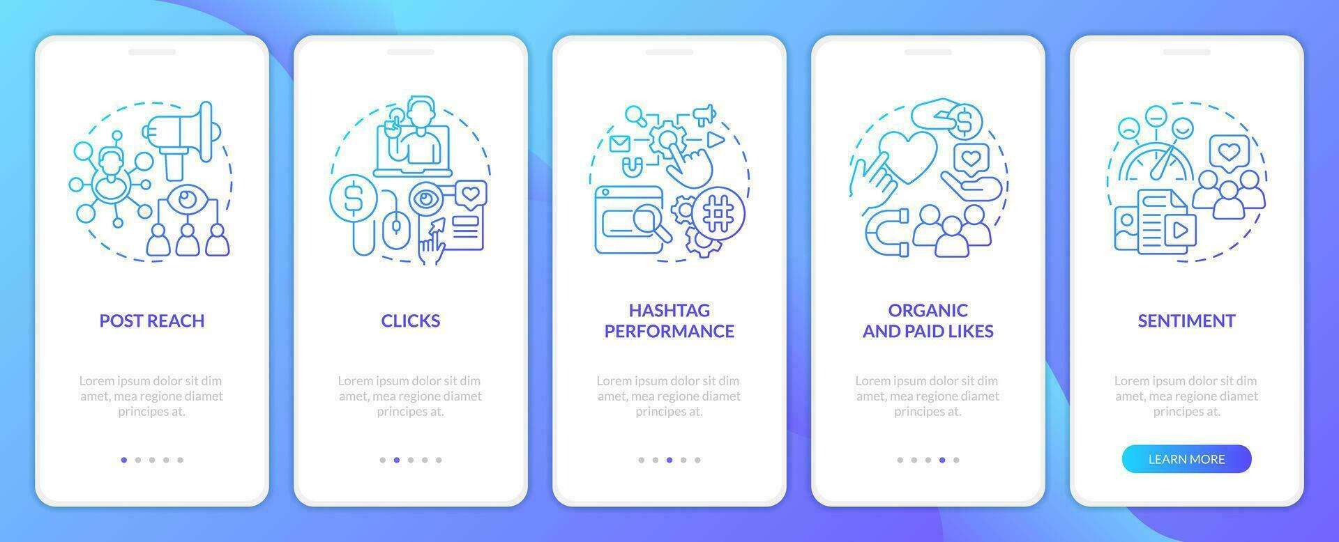 Social media advertising metrics blue gradient onboarding mobile app screen. Walkthrough 5 steps graphic instructions with linear concepts. UI, UX, GUI template vector