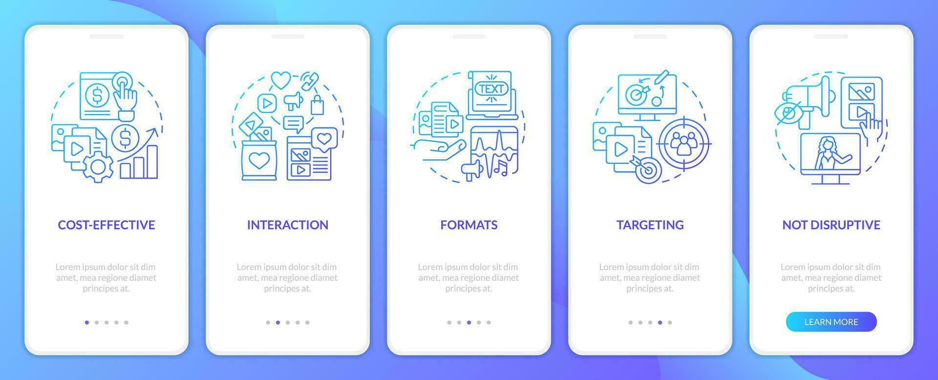 Social media advertising benefits blue gradient onboarding mobile app screen. Walkthrough 5 steps graphic instructions with linear concepts. UI, UX, GUI template vector