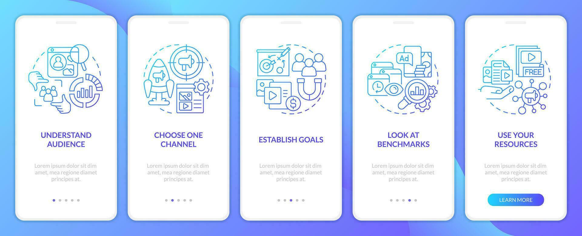 Start social media advertising blue gradient onboarding mobile app screen. Walkthrough 5 steps graphic instructions with linear concepts. UI, UX, GUI template vector