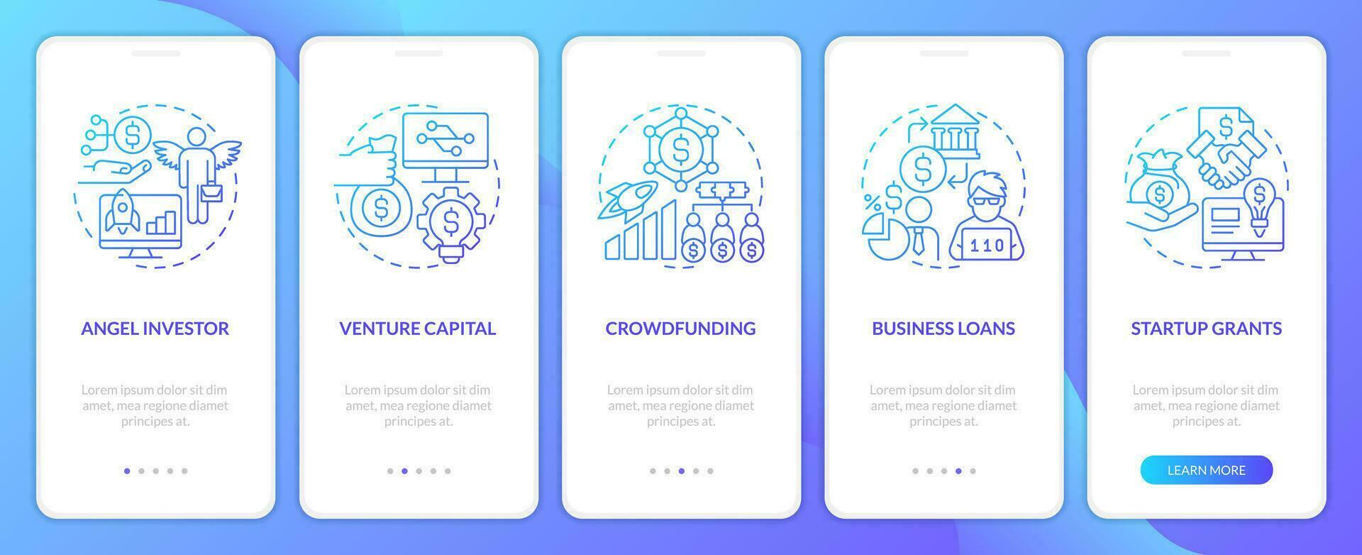 Tech startup financing options blue gradient onboarding mobile app screen. IT walkthrough 5 steps graphic instructions with linear concepts. UI, UX, GUI template vector