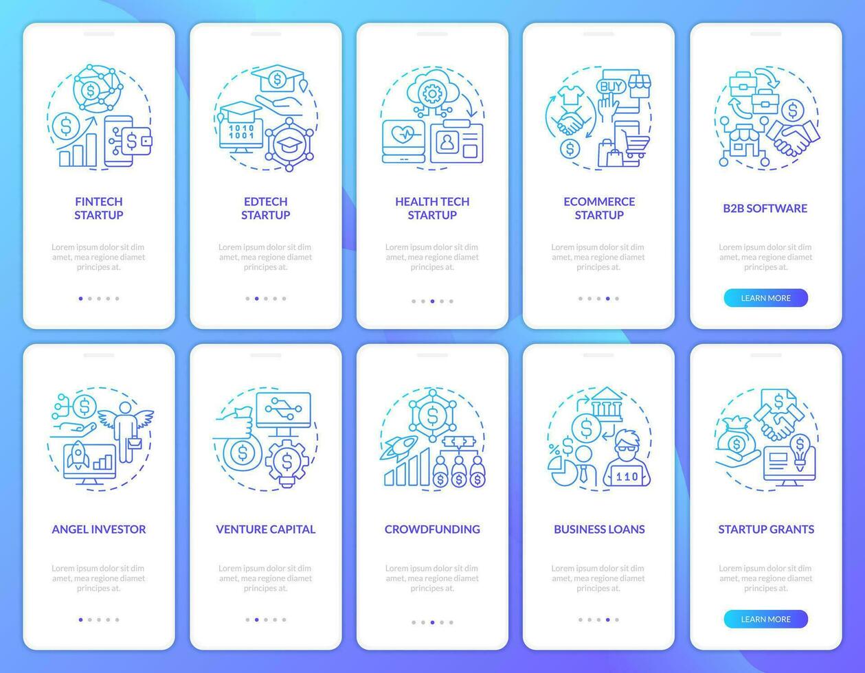 IT startup industries funding blue gradient onboarding mobile app screens set. Walkthrough 5 steps graphic instructions with linear concepts. UI, UX, GUI template vector