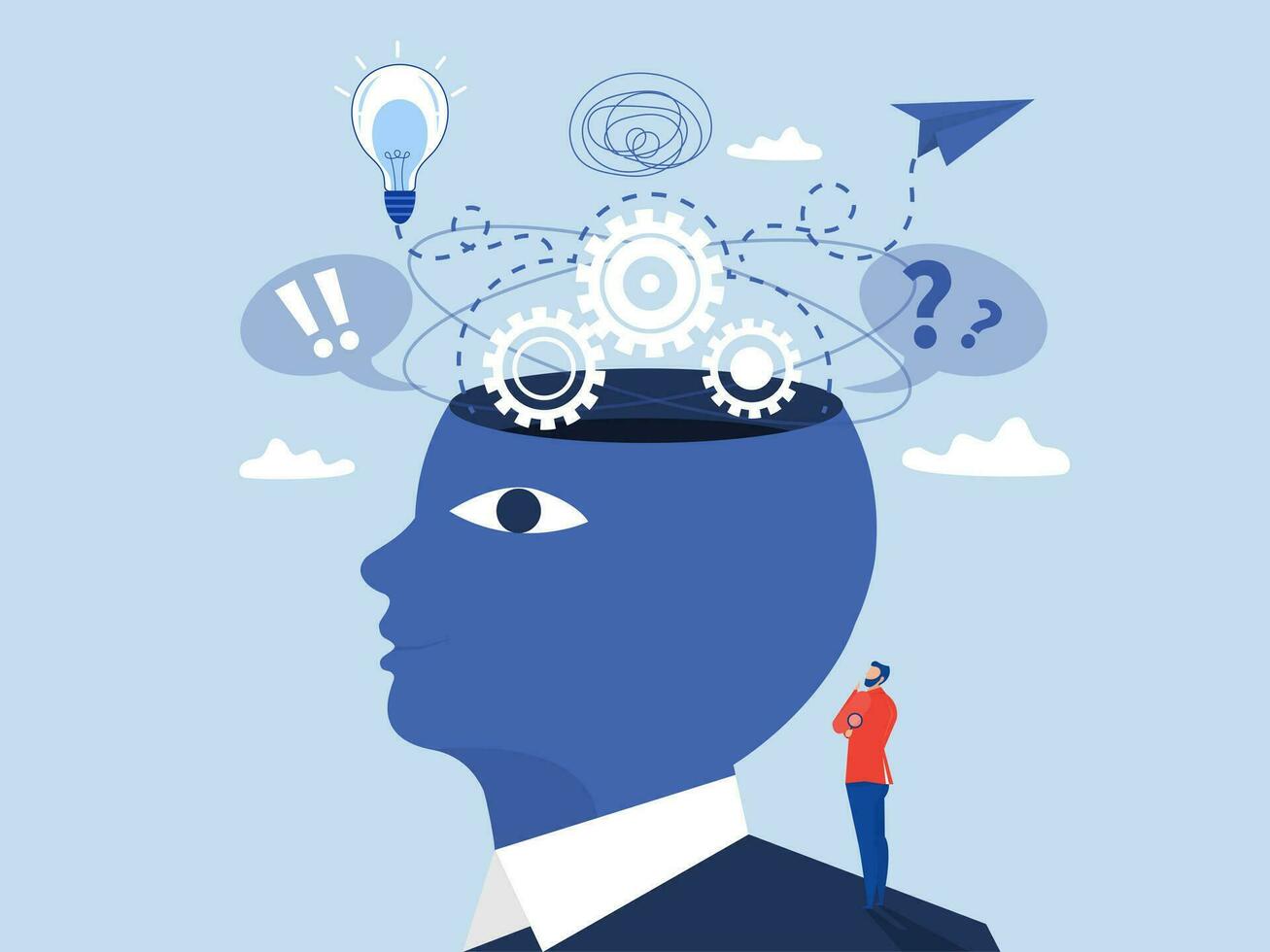 Man looking over his  big head thinking and searching idea process New idea, brainstorming, solution, problem solved, startup, innovation, creativity  light bulb concept vector