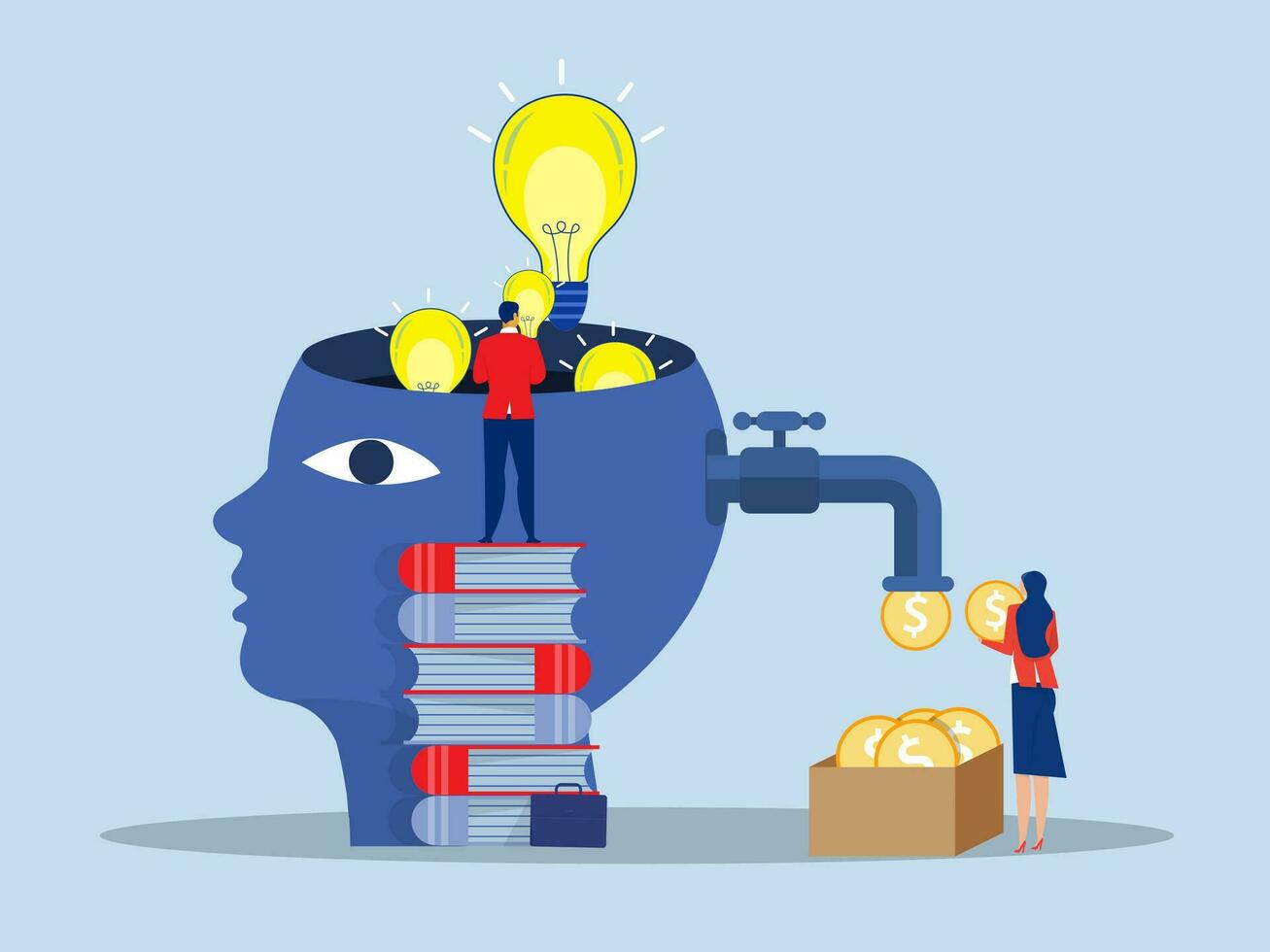 Money vs ideas Marketing , businessman and man throwing bulb into machine to convert idea into gold coins flat vector illustrator.