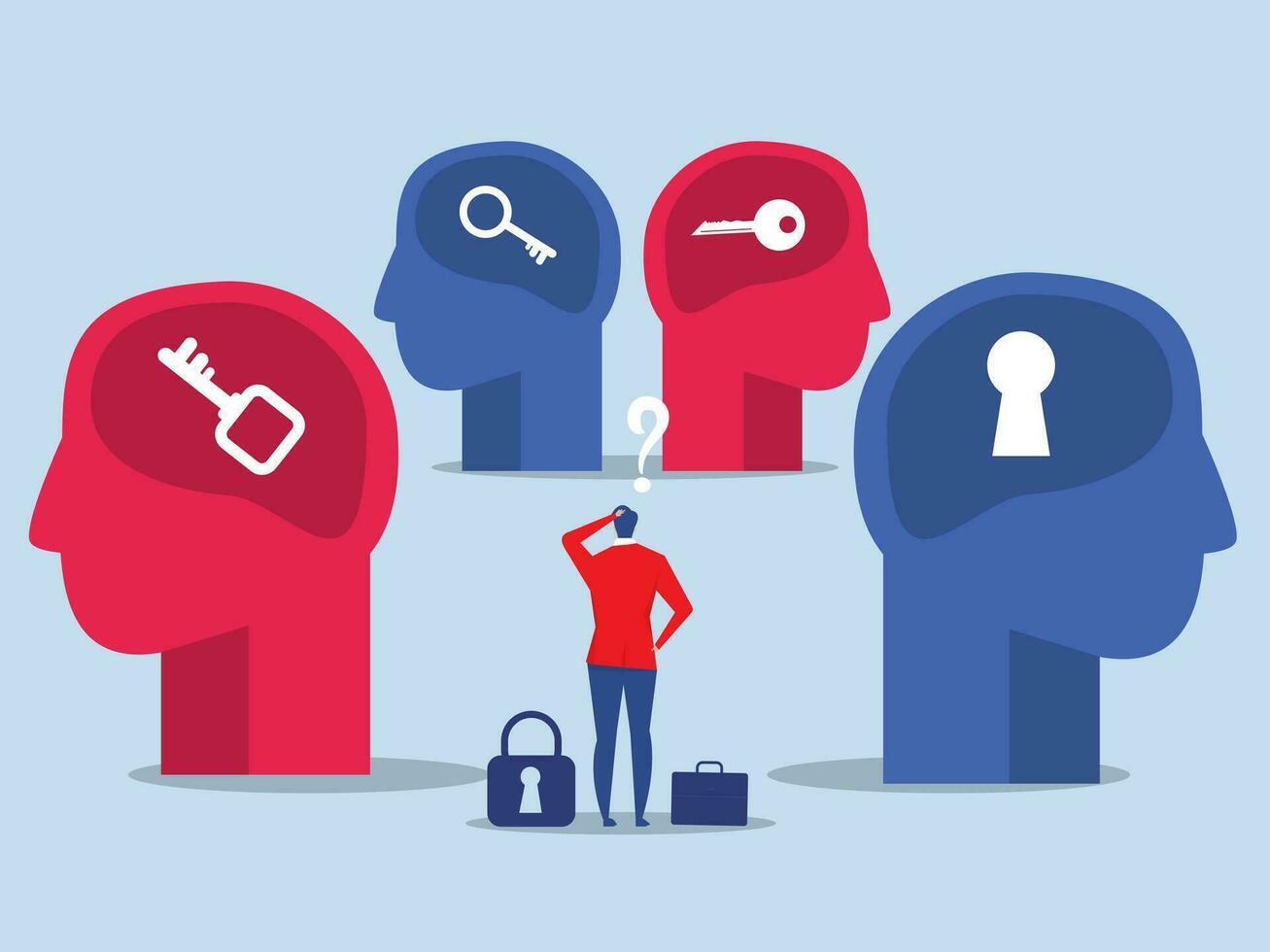 Human head with keyhole ,Businessman standing confuse to choose Key to your mind and understanding other people and to mental health Flat vector illustration.
