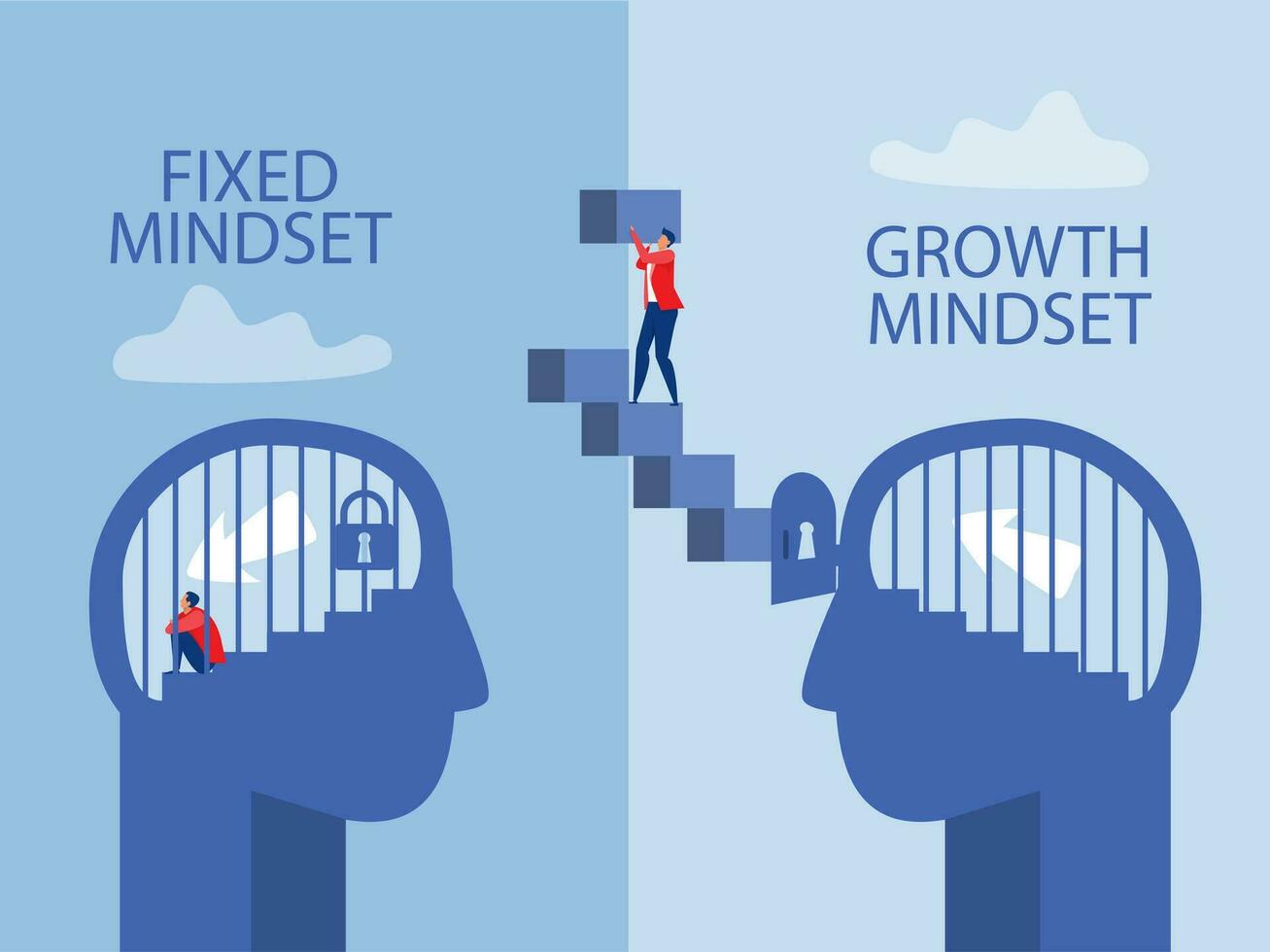 hombre de negocios construyendo escaleras nueva vida exitosa. piensa en una mentalidad de crecimiento diferente concepto de mentalidad fija, ilustrador. vector