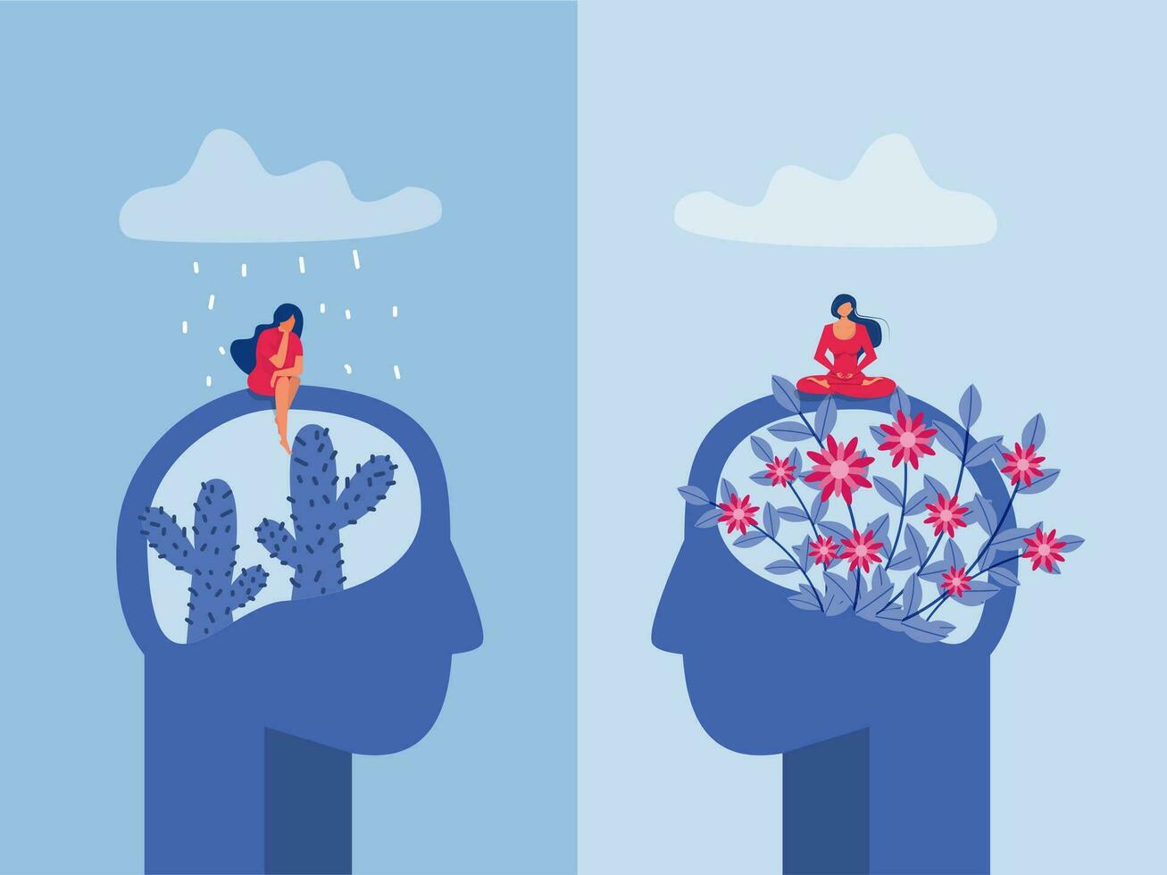 Portraits of women with different flowers and cacti like brains on head. psychological help mental health care depression psychology therapy Concept vector
