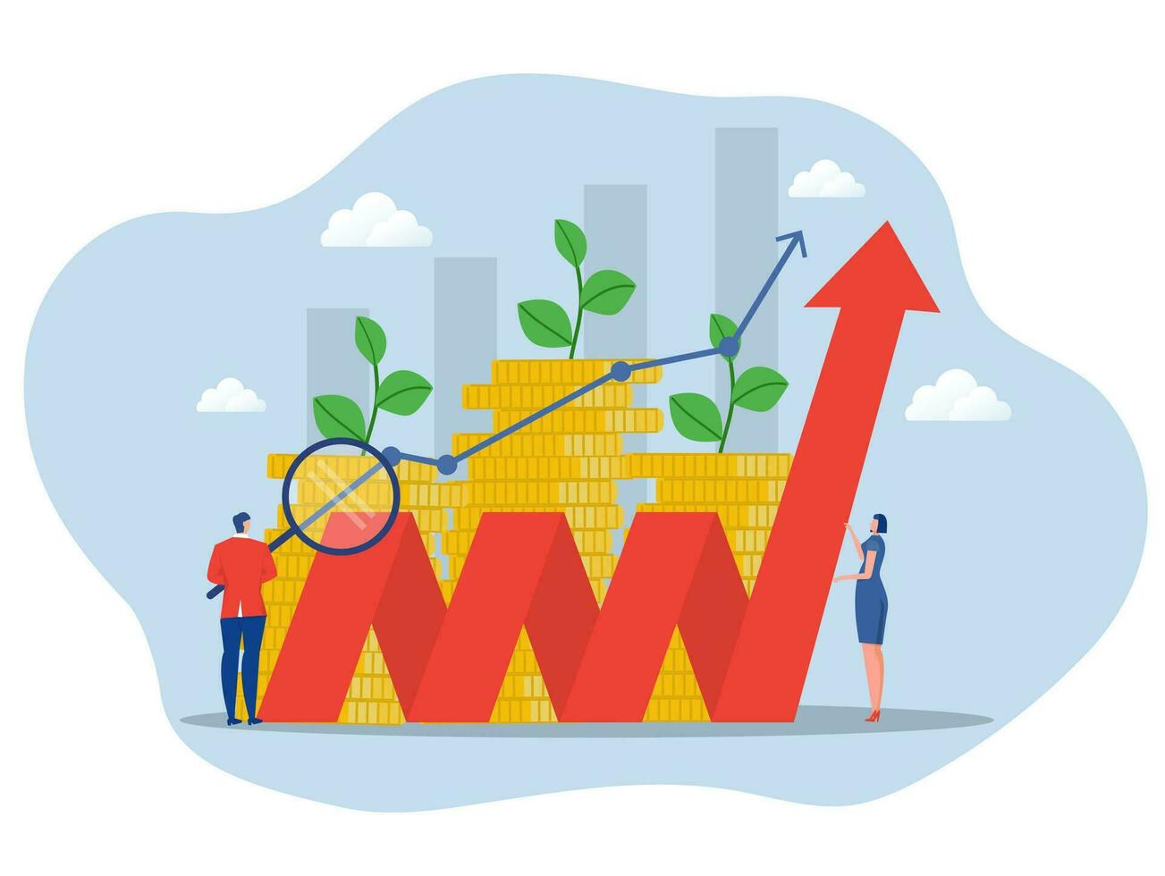 Team business analyst stock market,investment growing .finance and economy profit with coins  flat vector illustration