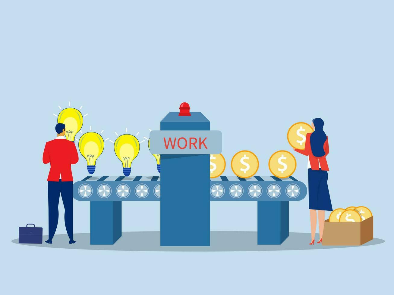 Money vs ideas Marketing , businessman and man throwing bulb into machine to convert idea into gold coins flat vector illustrator.