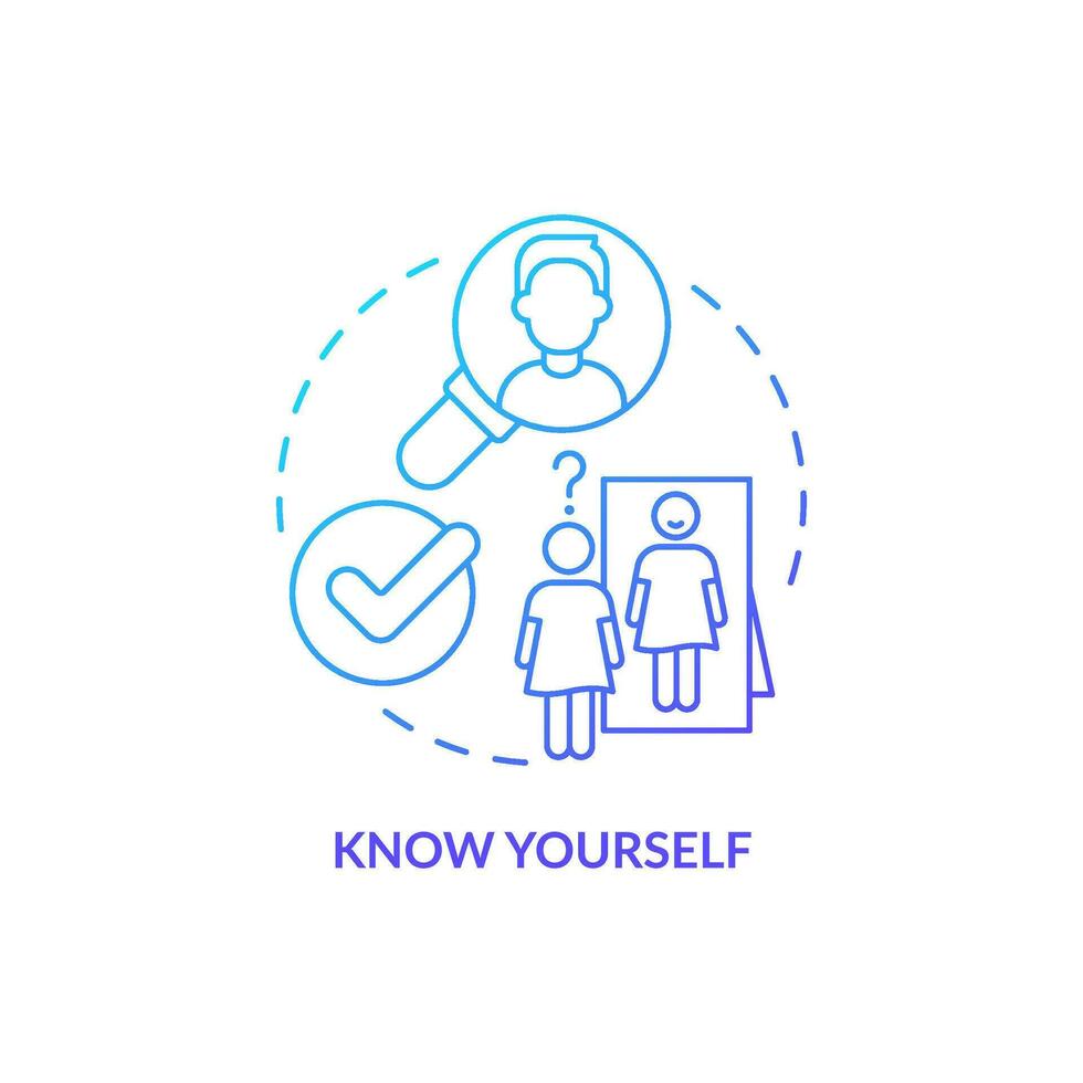 Know yourself blue gradient concept icon. Practicing self recognition. Improving self esteem abstract idea thin line illustration. Isolated outline drawing vector