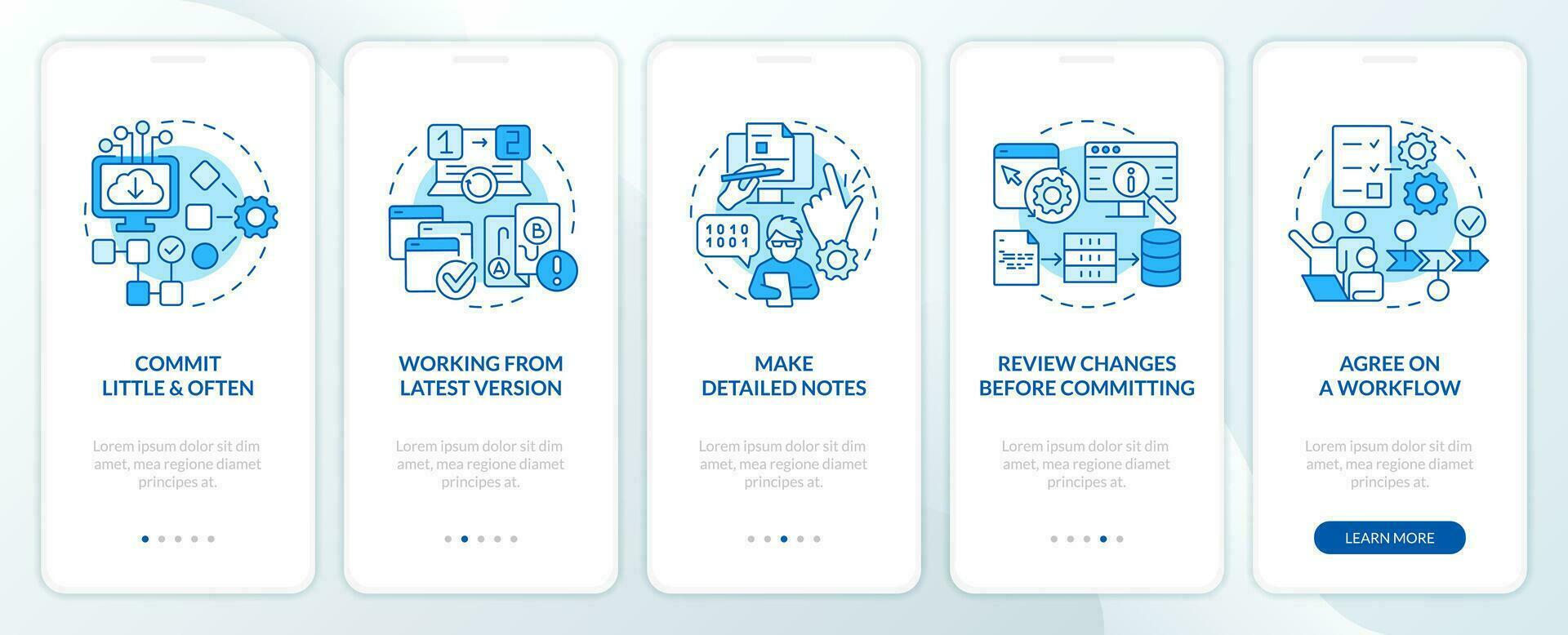 Source code management practices blue onboarding mobile app screen. Walkthrough 5 steps editable graphic instructions with linear concepts. UI, UX, GUI template vector