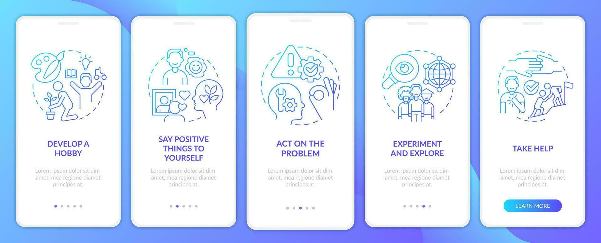 Self esteem improvement blue gradient onboarding mobile app screen. Psychology walkthrough 5 steps graphic instructions with linear concepts. UI, UX, GUI template vector