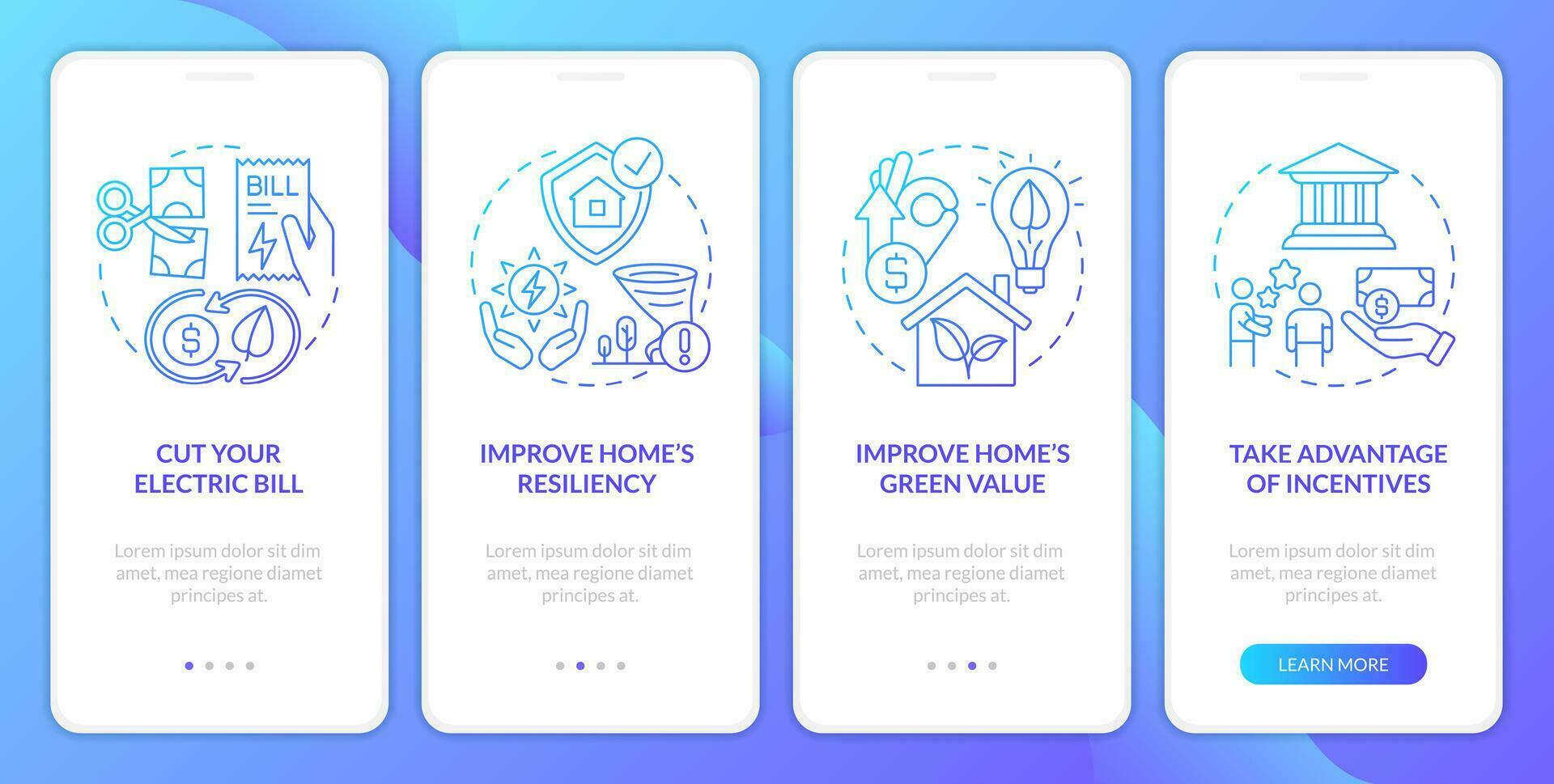 Considering renewable power reasons blue gradient onboarding mobile app screen. Walkthrough 4 steps graphic instructions with linear concepts. UI, UX, GUI template vector