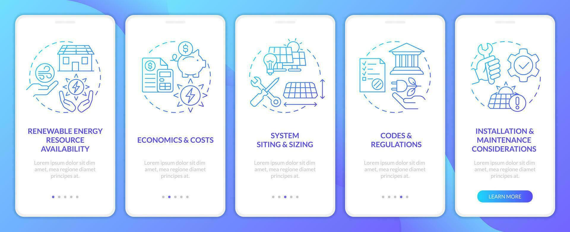 Choosing right alternative power blue gradient onboarding mobile app screen. Walkthrough 5 steps graphic instructions with linear concepts. UI, UX, GUI template vector