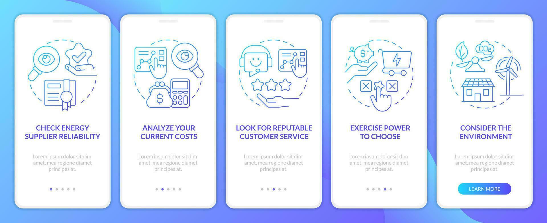 Picking energy provider factors blue gradient onboarding mobile app screen. Walkthrough 5 steps graphic instructions with linear concepts. UI, UX, GUI template vector