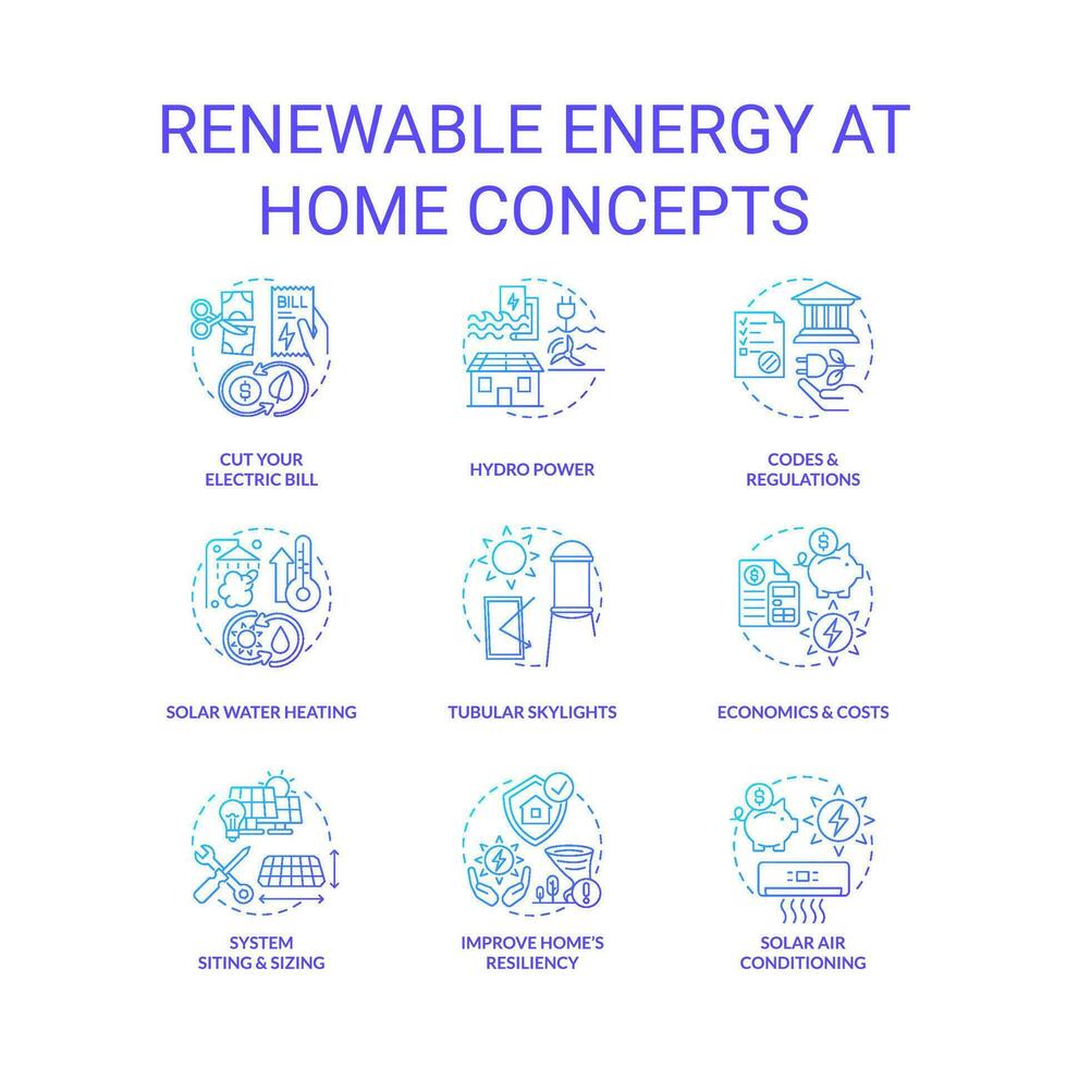 Renewable energy at home blue gradient concept icons set. Ecological source. Alternative power idea thin line color illustrations. Isolated symbols vector