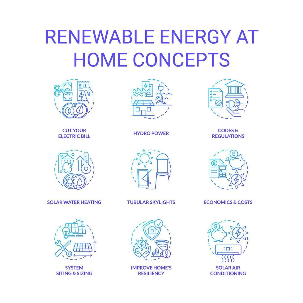 renovable energía a hogar azul degradado concepto íconos colocar. ecológico fuente. alternativa poder idea Delgado línea color ilustraciones. aislado símbolos vector