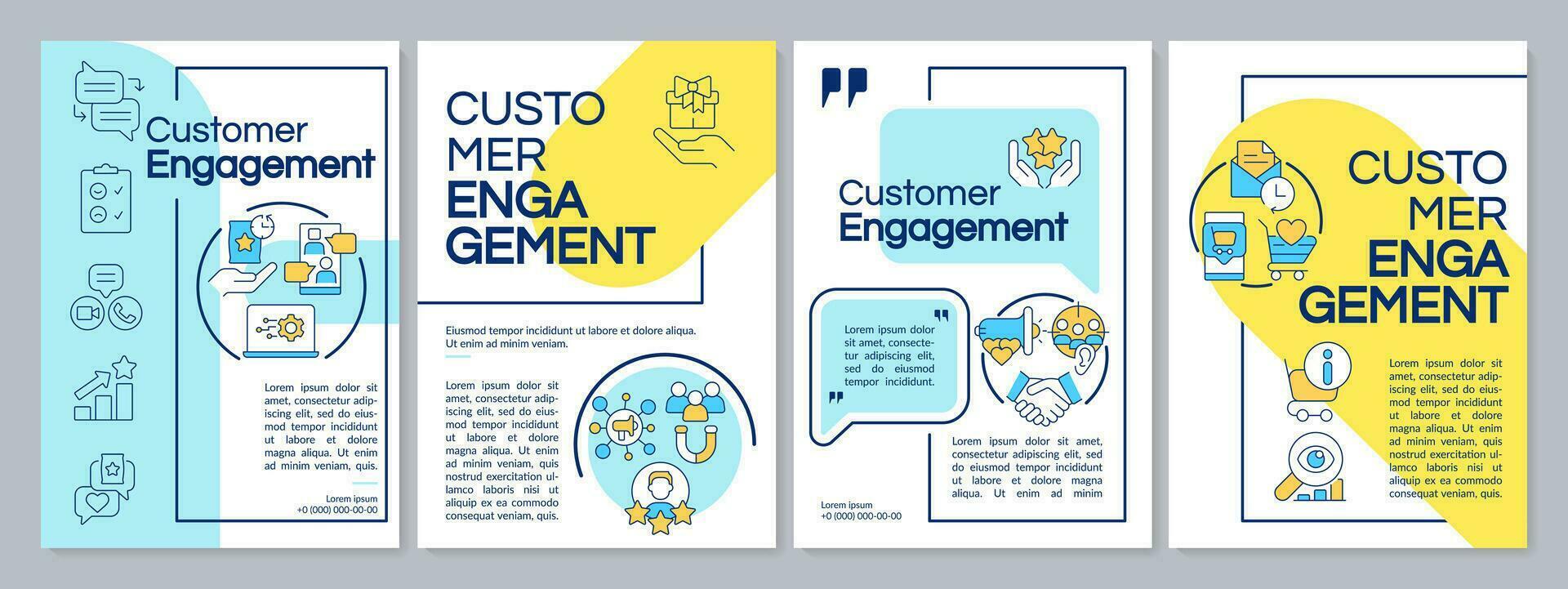 Customer engagement blue and yellow brochure template. Leaflet design with linear icons. Editable 4 vector layouts for presentation, annual reports
