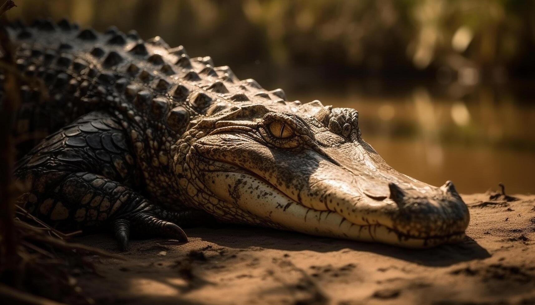 Large crocodile resting in tropical rainforest pond generated by AI photo