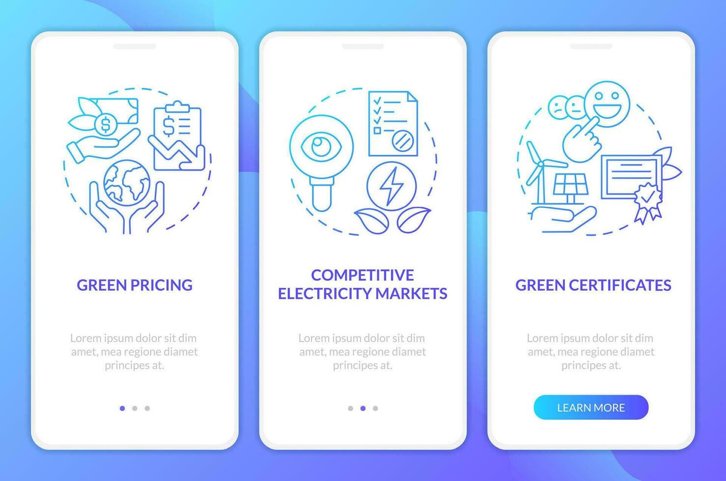 comprando verde poder azul degradado inducción móvil aplicación pantalla. verde poder recorrido 3 pasos gráfico instrucciones con lineal conceptos. ui, ux, gui modelo vector