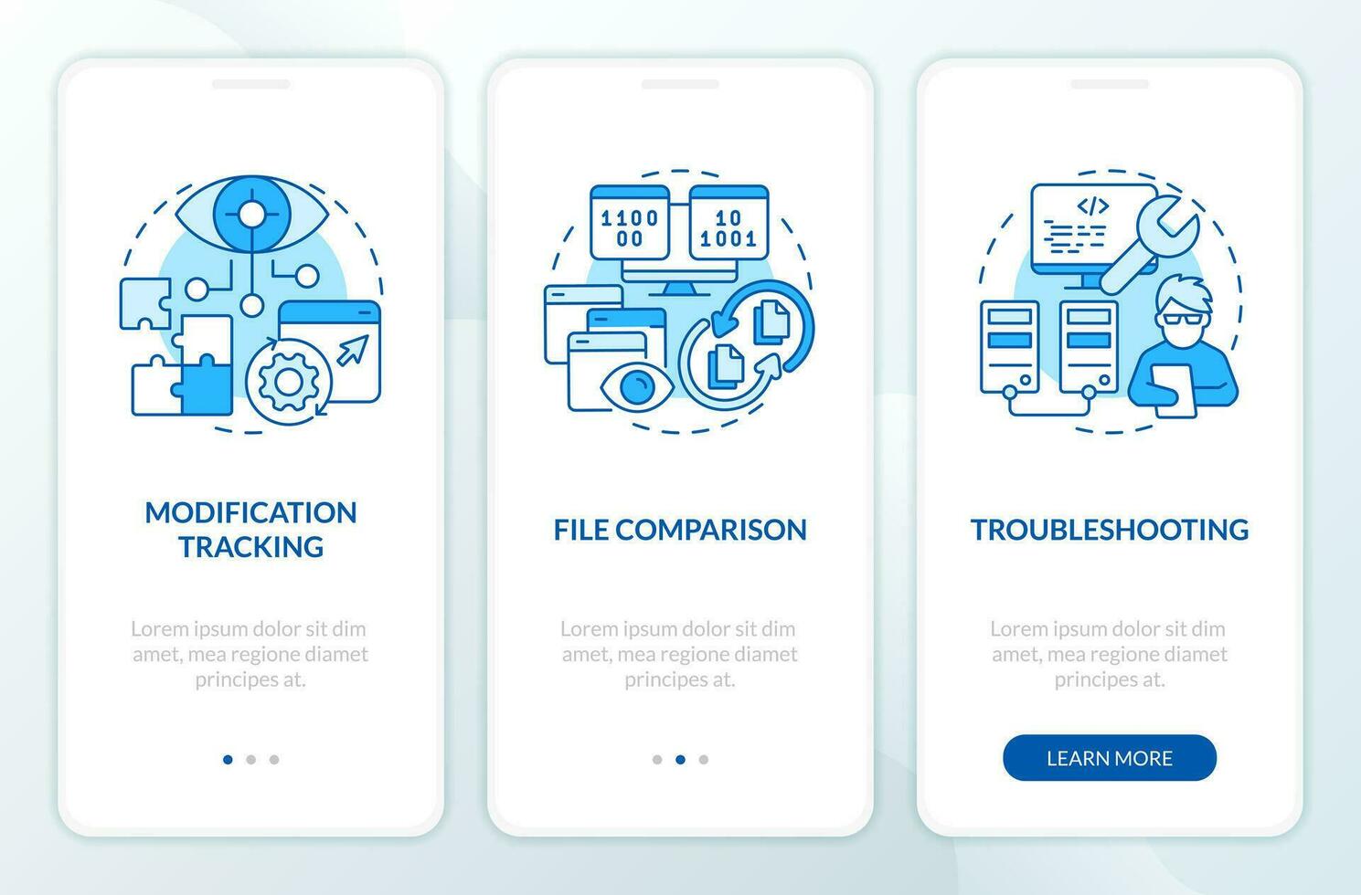 Version control benefits blue onboarding mobile app screen. Coding walkthrough 3 steps editable graphic instructions with linear concepts. UI, UX, GUI template vector