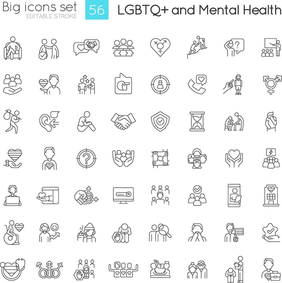 LGBTQ and mental health linear icons set. Inclusion and support programs. Freedom to be yourself. Customizable thin line symbols. Isolated vector outline illustrations. Editable stroke