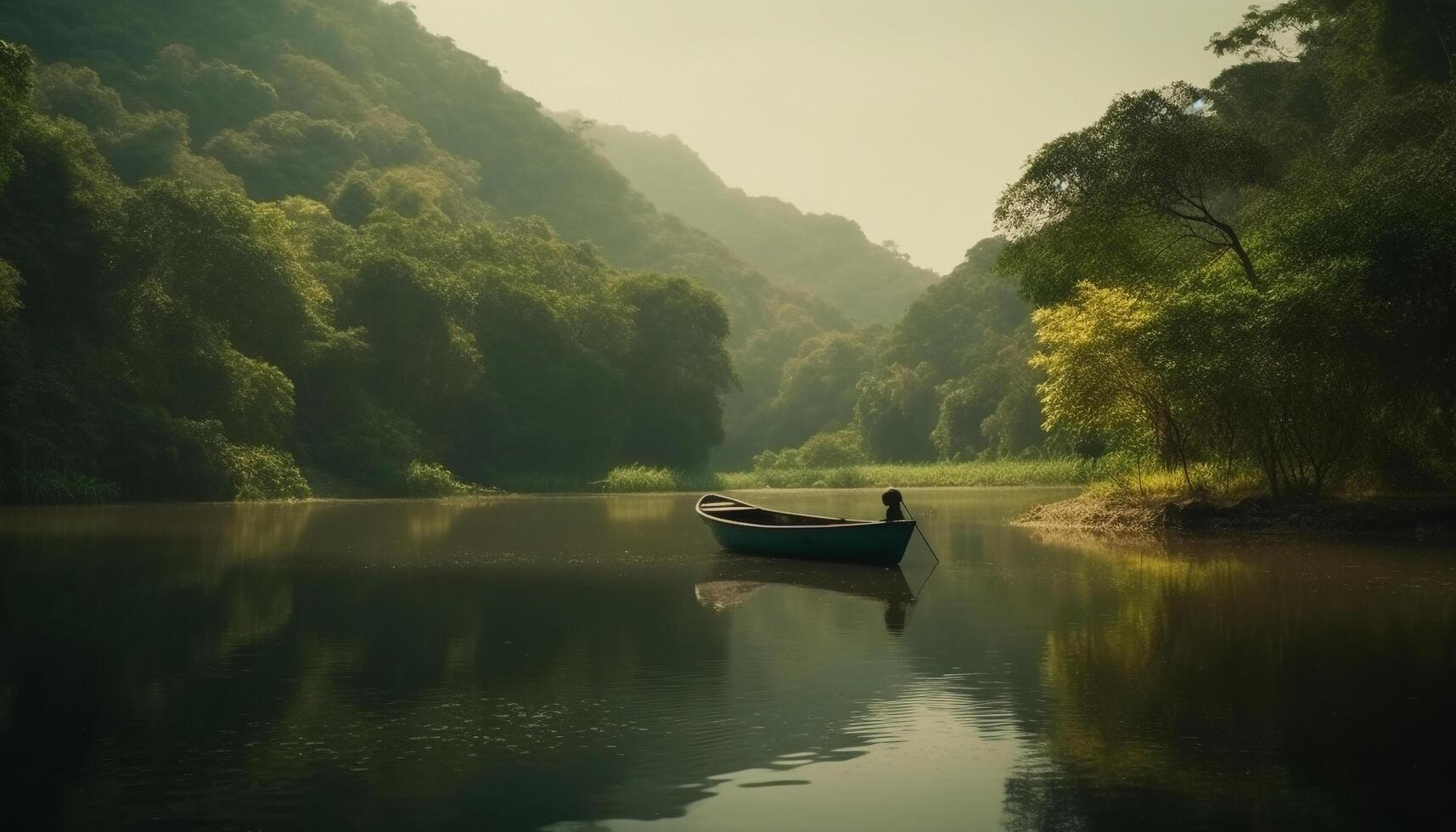 Adventure on tranquil water rowing through fog generated by AI photo