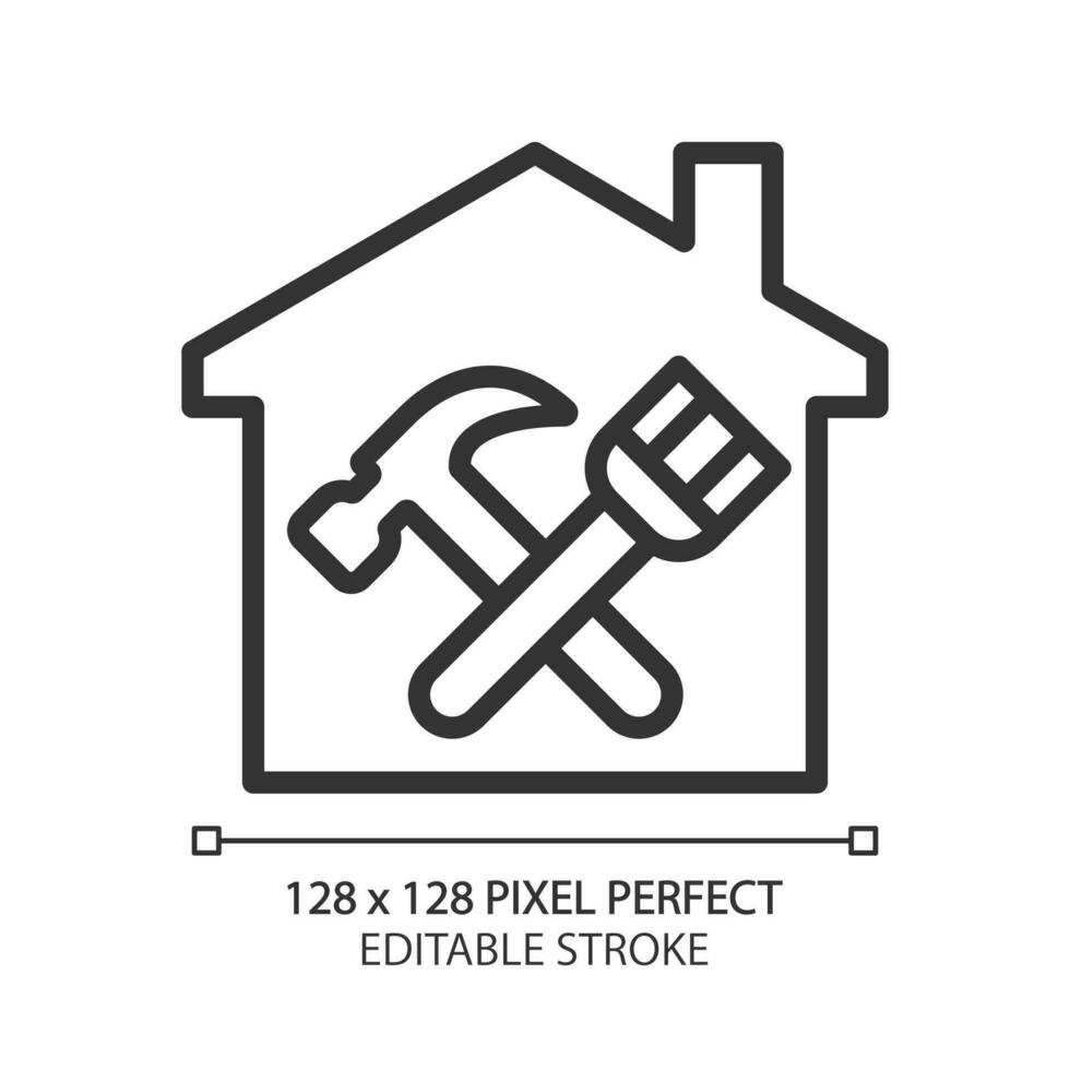 Overhaul pixel perfect linear icon. Building revision and restoration. Renovation service. Hammer and paintbrush. Thin line illustration. Contour symbol. Vector outline drawing. Editable stroke